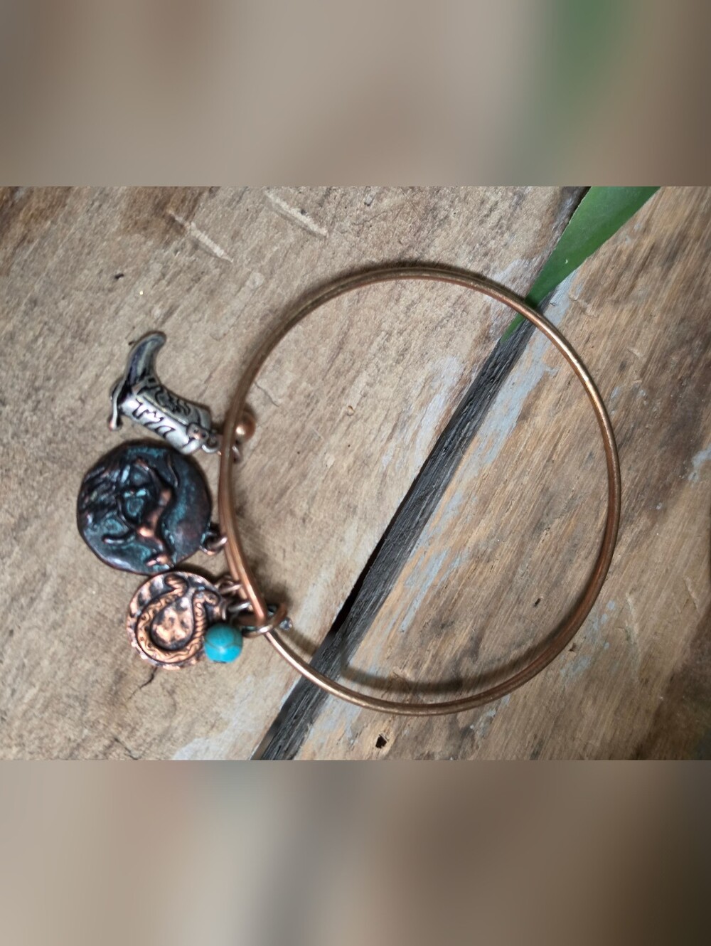 Western Cowgirl Charm Bangle Bracelet Copper Tone Horse Horseshoe Turquoise Bead